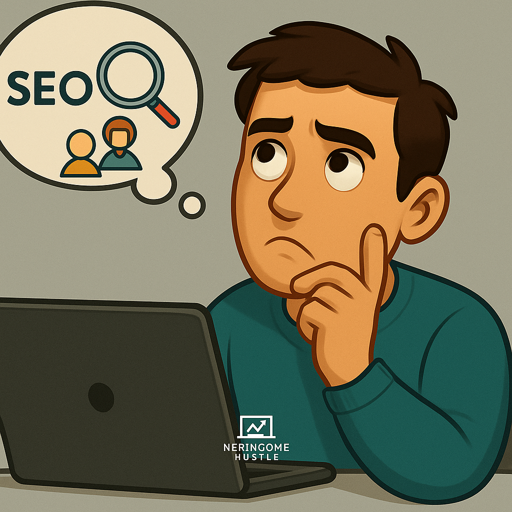 Man contemplating whether to write for people or search engines.